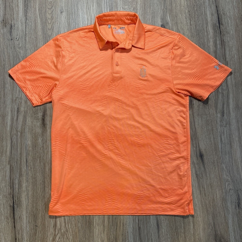 Under Armour Heat Gear Polo M Shirt Loose Fit Orange Striped Short Sleeve